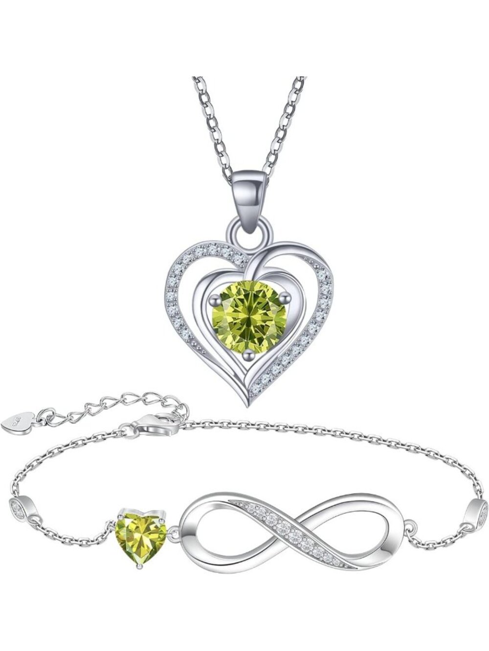Heart Birthstone Pendant Necklace & Infinity Bracelet Set - 925 Sterling Silver